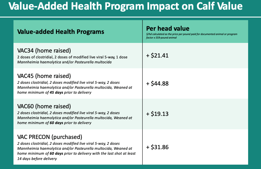 Value-added health program impact on calf value chart
