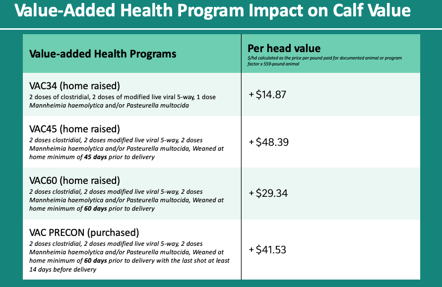 Value-added health program impact on calf value chart